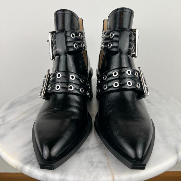 Steve Madden Like New Black Grazia Pointed Toe Silver Buckle Moto Bootie (Sz 8) - Picture 10 of 13